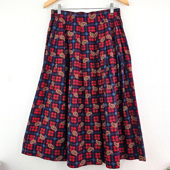 Talbots Dresses & Skirts - Talbots Sz 14P Red Blue Plaid Paisley Flannel Midi Skirt Pockets Western Cottage